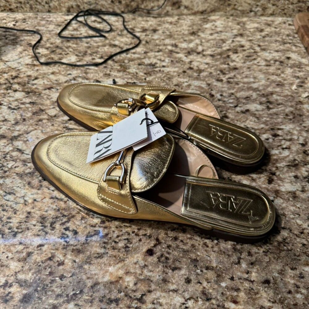 Gold Metallic Zara Leather Low Heel Mules Slip-Ons (NWT)